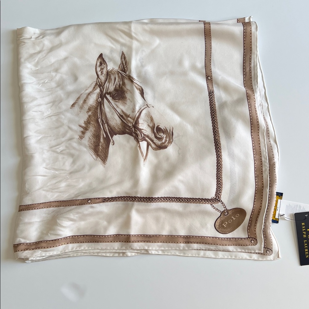 Polo Ralph Lauren Equestrian Silk Scarf Polo Horse Print Cream Brown - Picture 13 of 17